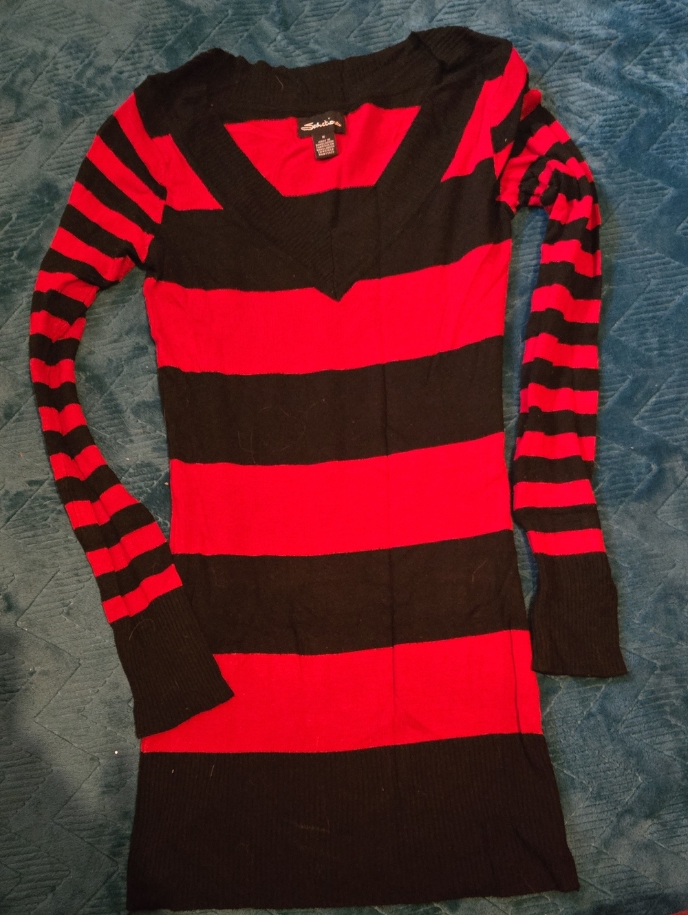 Seductions Striped V-Neck Sweater in Red and Black